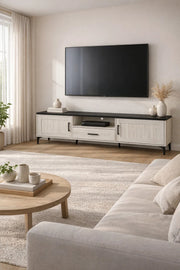 White Oak TV Stand √ê 200x40x50 cm Modern Wooden Plasma Table with Cabinets & Drawer