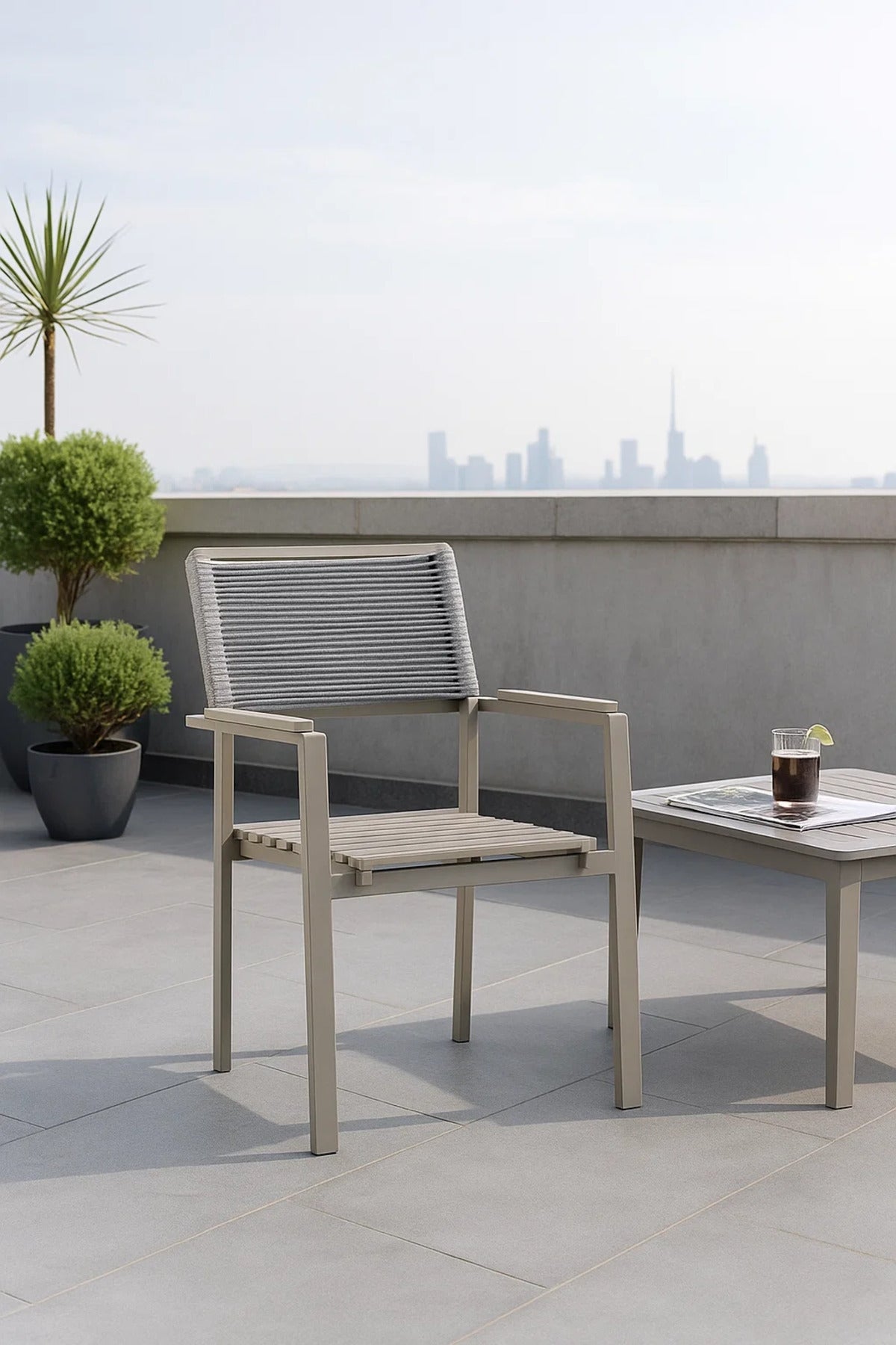 Modern Garden Chair with Armrest Beige Metal Frame Outdoor Patio Dining Furniture