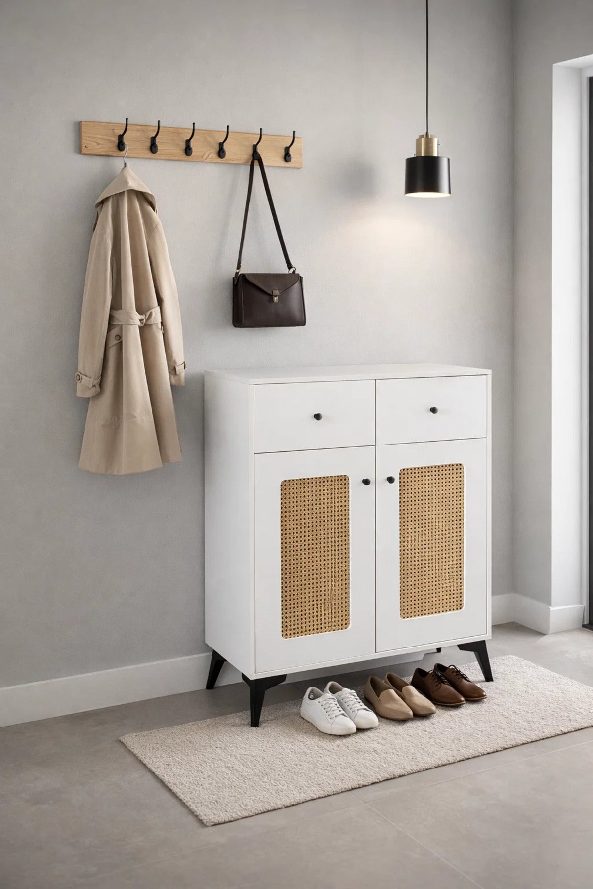 White Rattan Shoe Cabinet with Drawers - Modern Boho Storage Console for Entryway Living Room