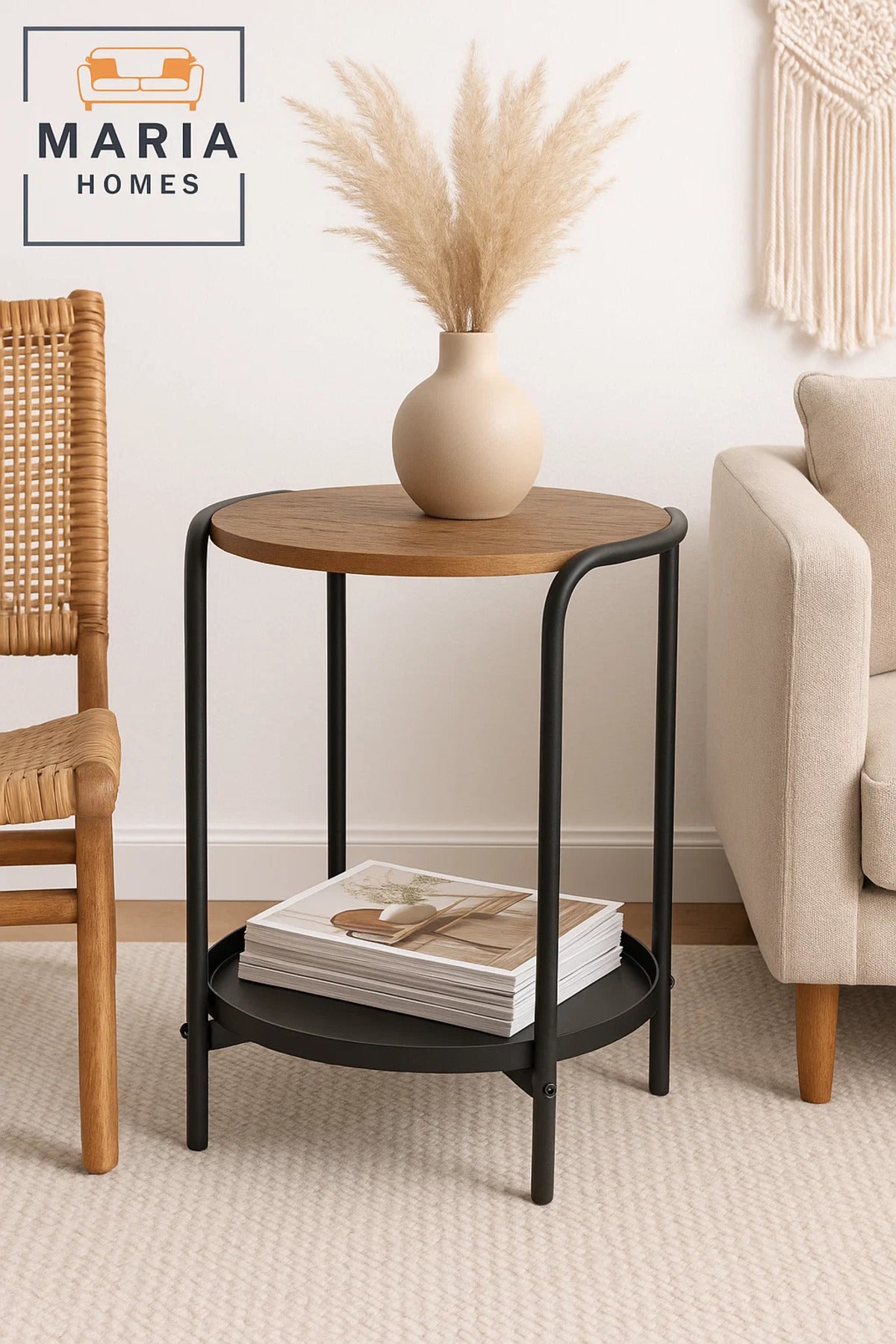 Round Side Table with Wood Top and Black Metal Frame with Tray Shelf