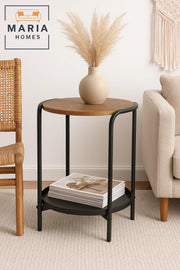 Round Side Table with Wood Top and Black Metal Frame with Tray Shelf