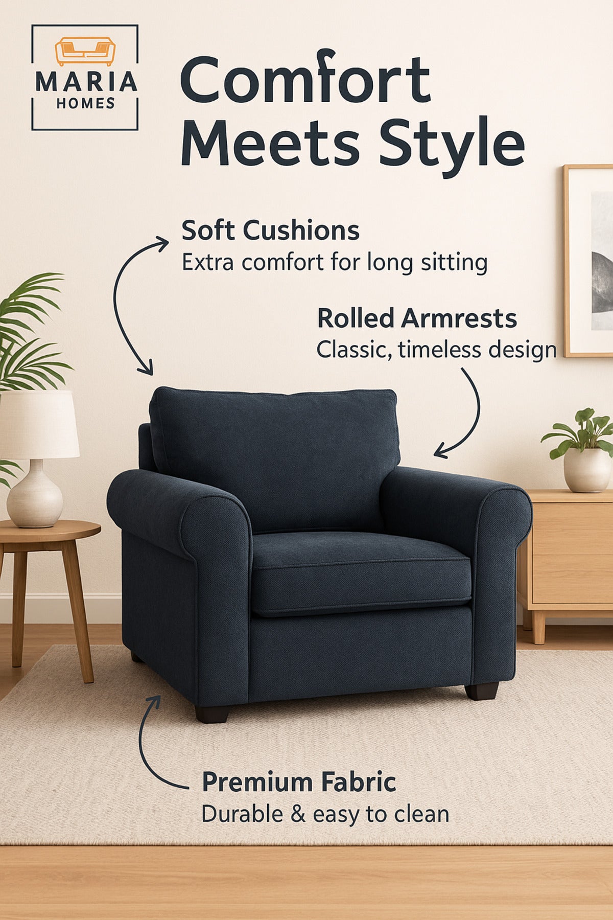 Blue Fabric Armchair Ð Single Seater Sofa for Living Room Comfort