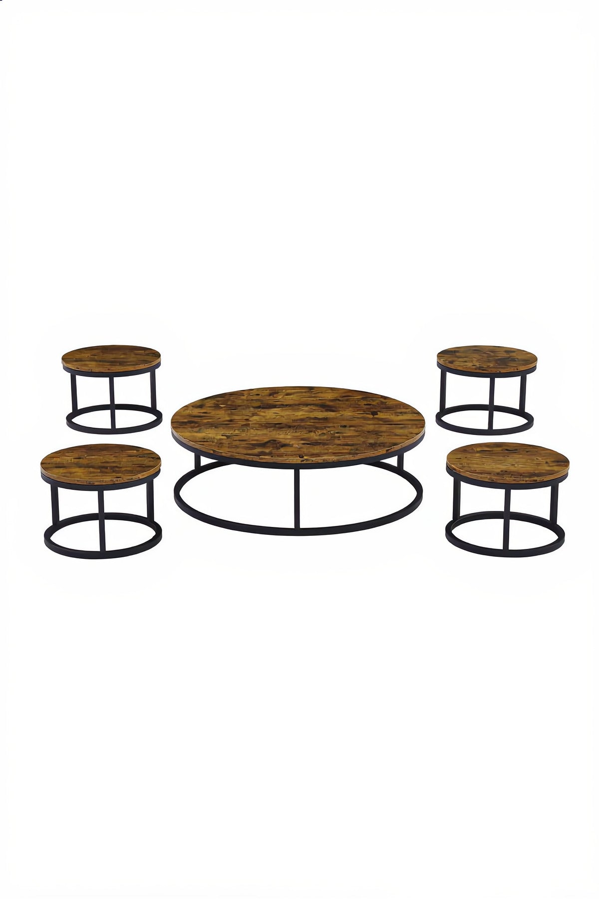Rustic Round Coffee Table Set √ê Vintage Wood Finish with Black Metal Frame Living Room 5Piece