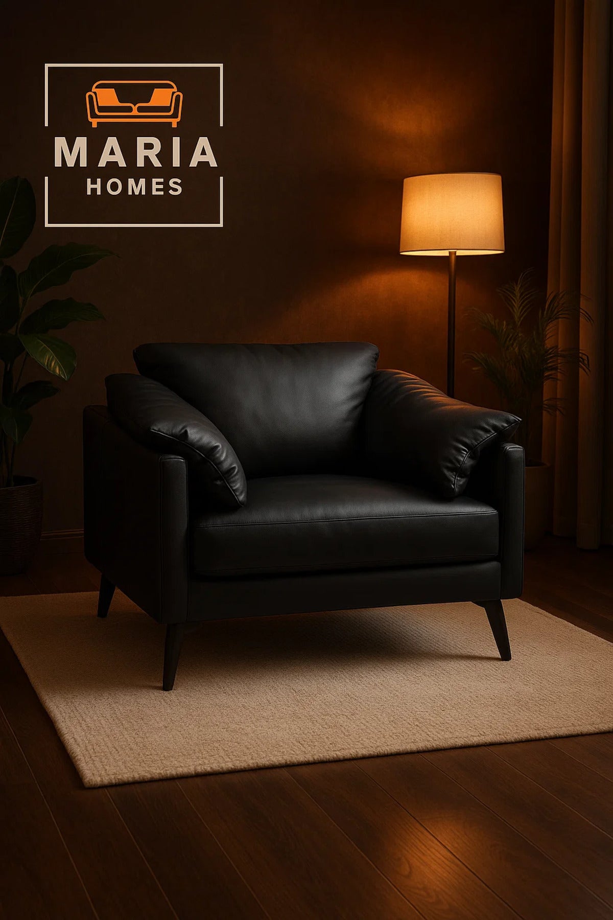 Modern Black Leather Armchair Ð Wide Seat with Pillow Armrests