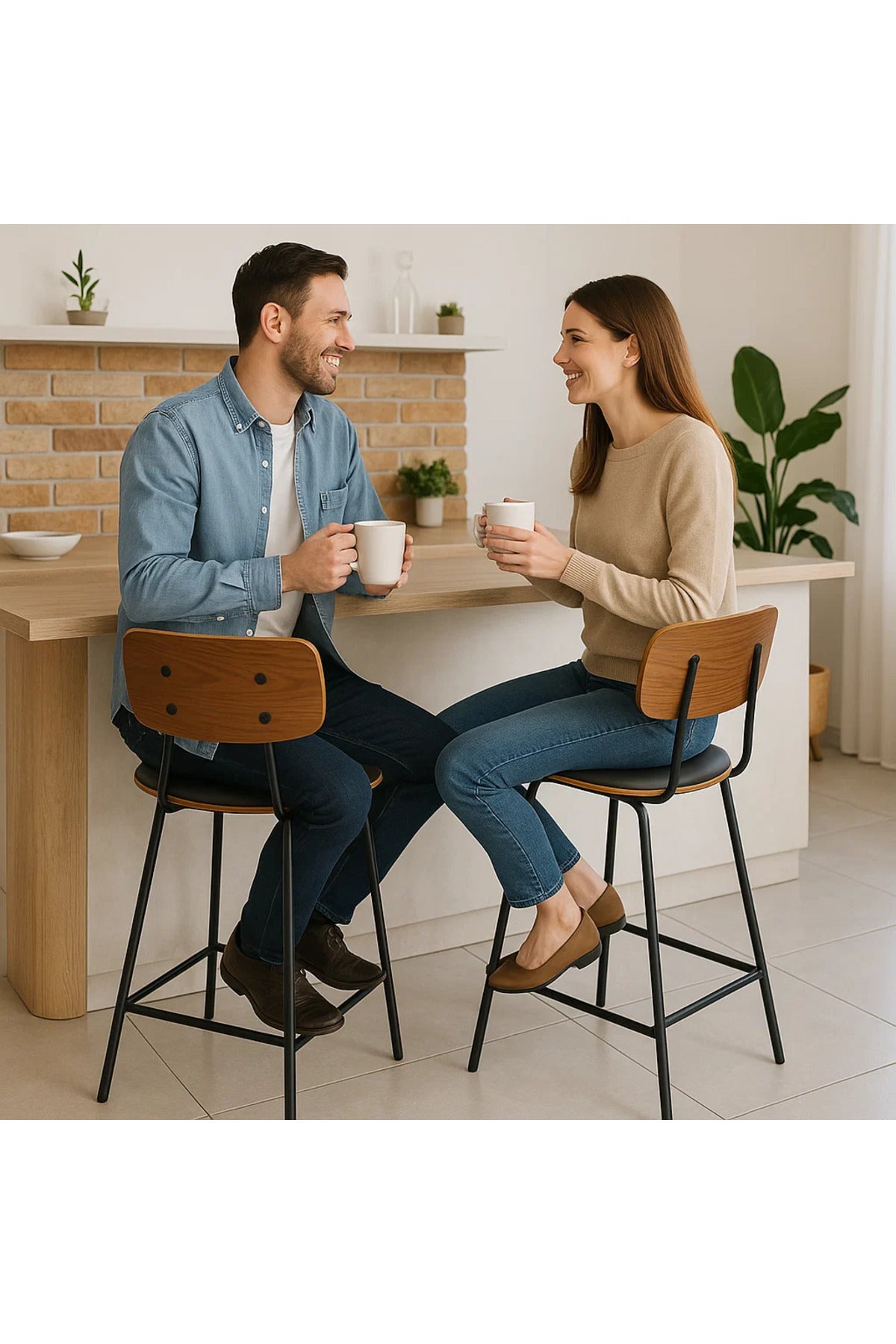 Mid-Century Modern Bar Stool with Wooden Backrest and Black Metal Legs Ð Stylish Seating Solution