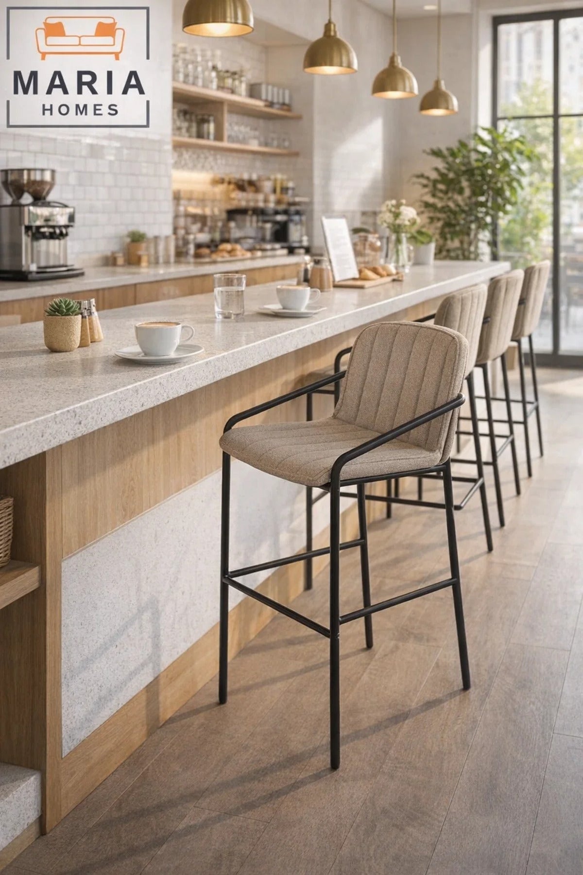 Khaki Upholstered Bar Stool with Black Metal Frame Ð Modern Counter Chair with Armrests