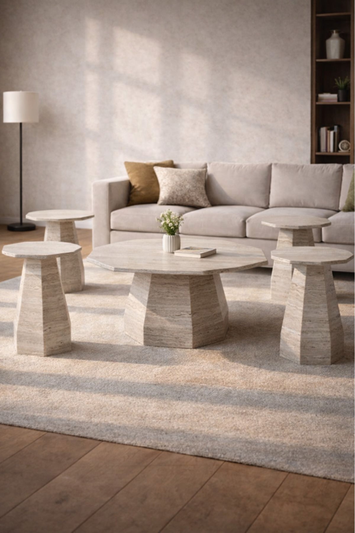 Light Wood Marble Tea Table Set 1+4 Center 85_85_45 CM with 4 Side Tables 45_45_55