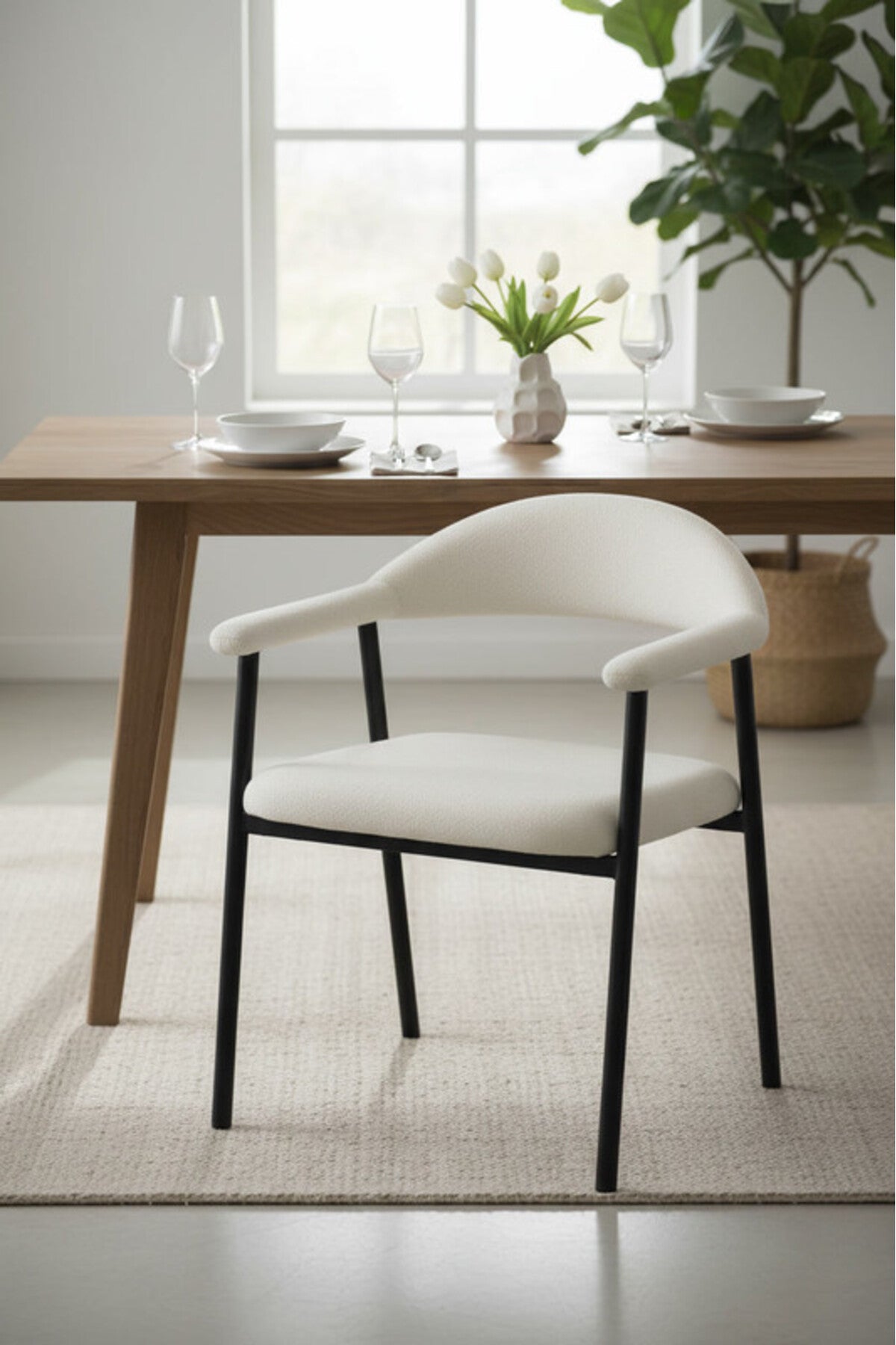 Modern Beige Upholstered Dining Chair with Curved Back & Black Metal Legs