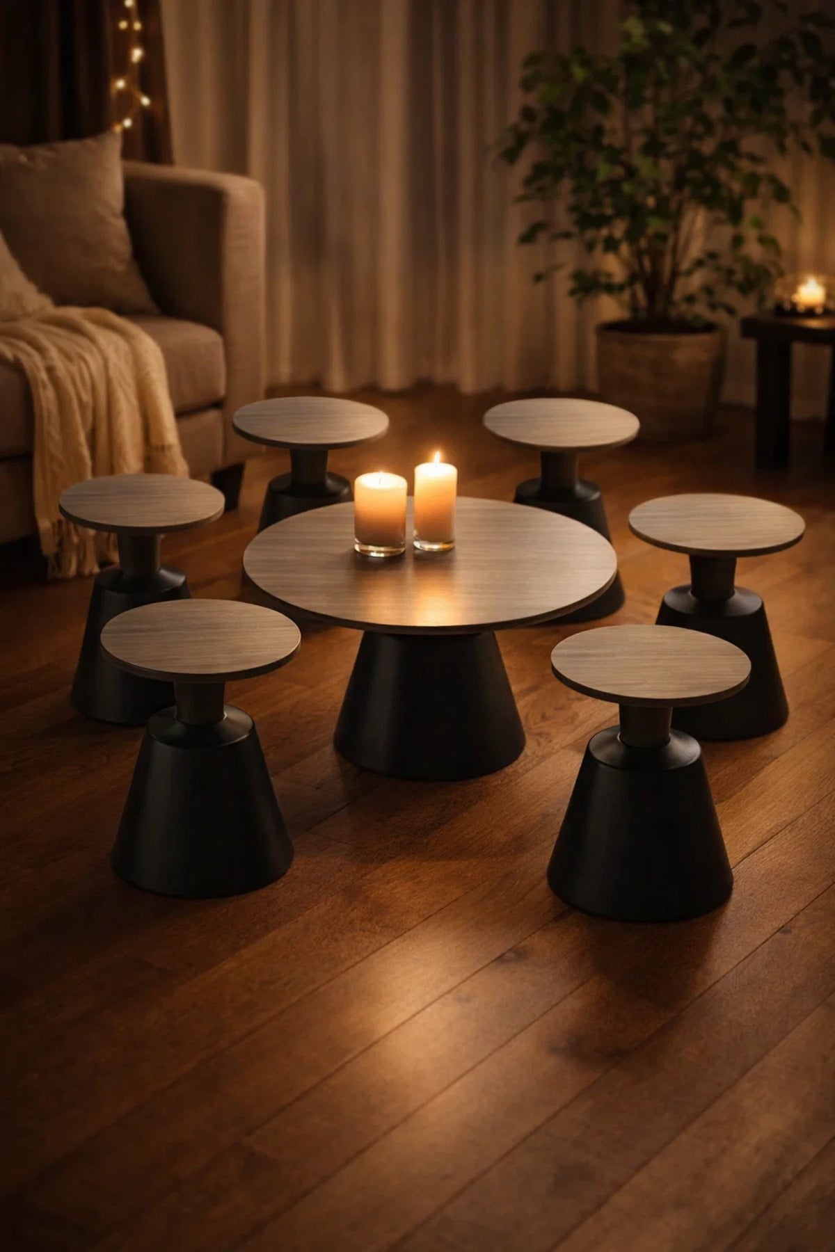 7-Piece Modern Round Coffee Table Set Dark Grey Wood Top Black Base Stylish Living Room Decor
