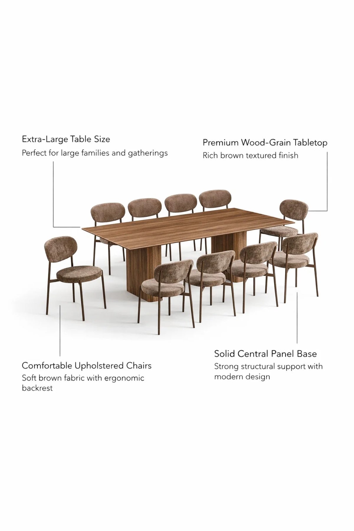 Modern 10 Seater Dining Table Set Wooden Top Upholstered Brown Chairs Large Family Room 220cm