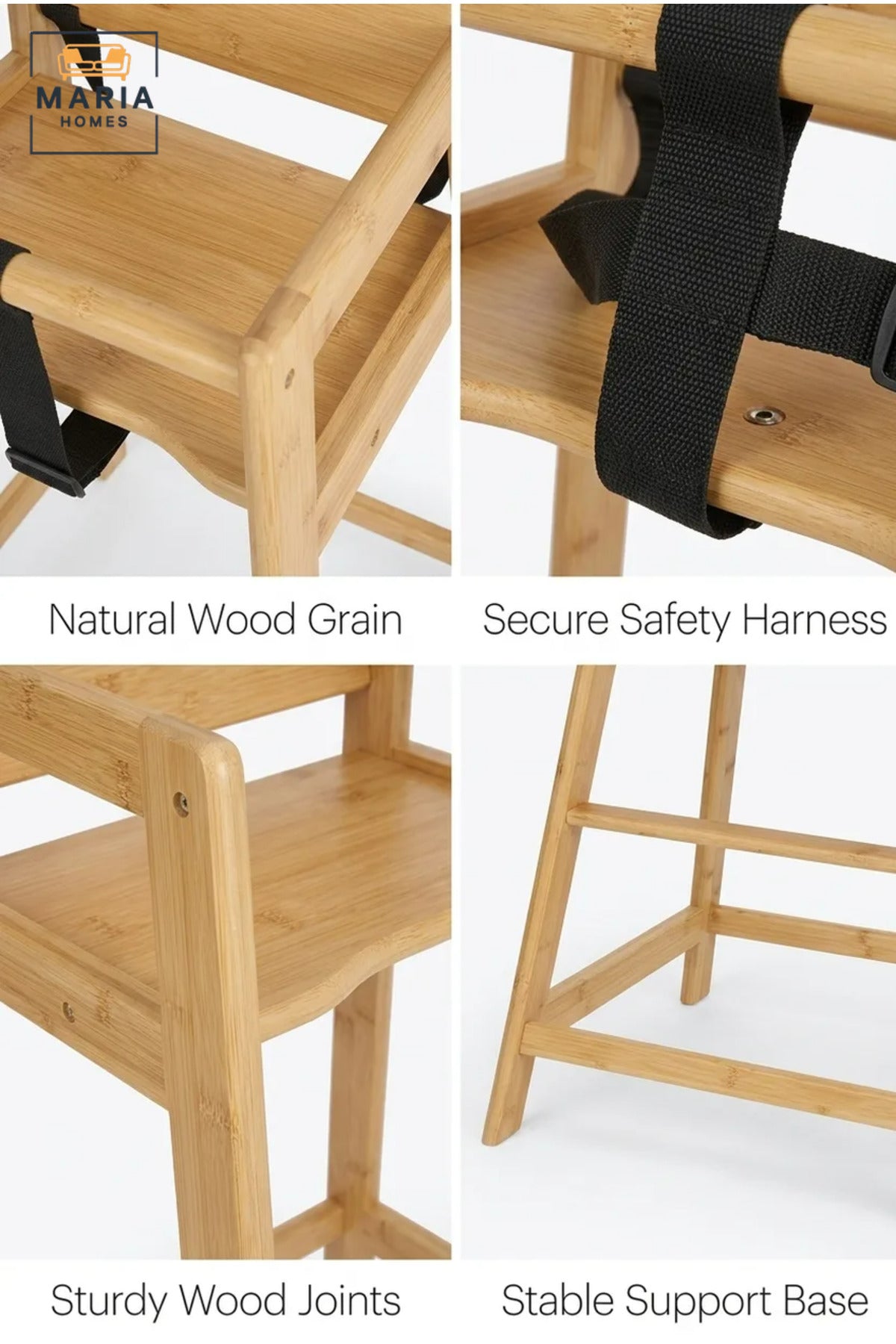 Wooden Baby High Chair | Natural Wood Feeding Chair with Safety Harness | Modern Toddler Dining Chair | Sturdy Kids High Chair for Home
