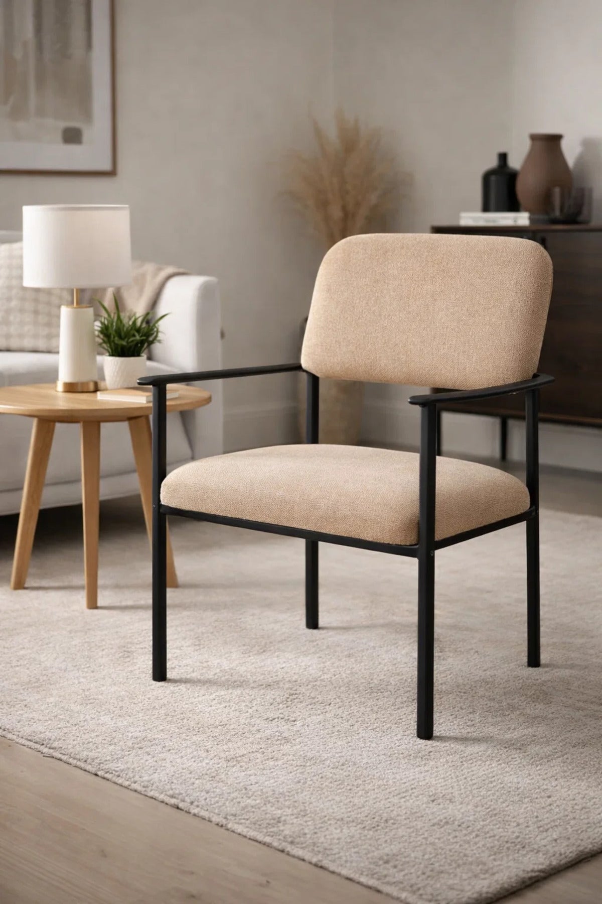 Modern Beige Upholstered Armchair with Black Metal Frame Stylish Dining Chair for Home Office Use
