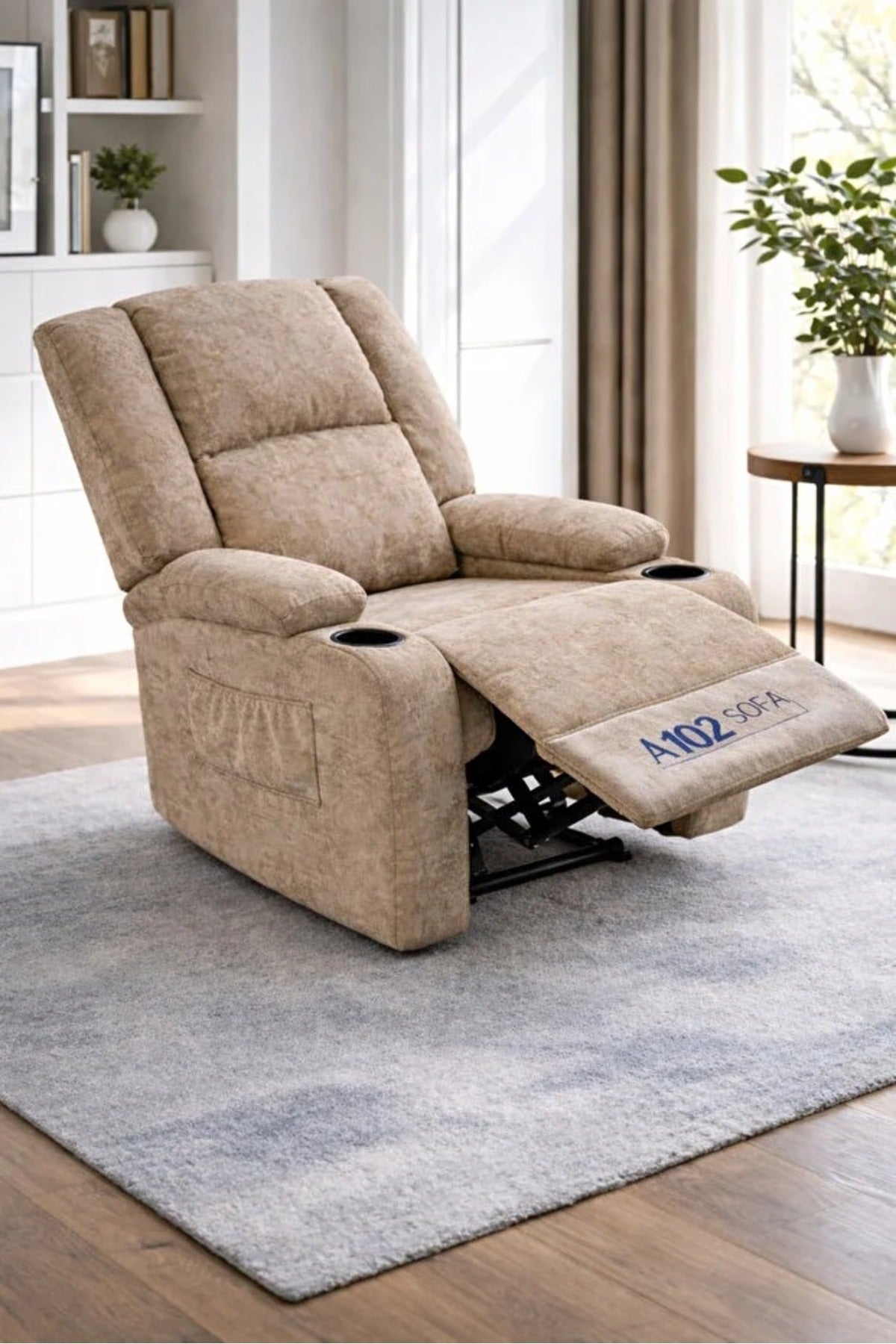 Comfortable recliner chair with arms, beige color, adjustable with footrest