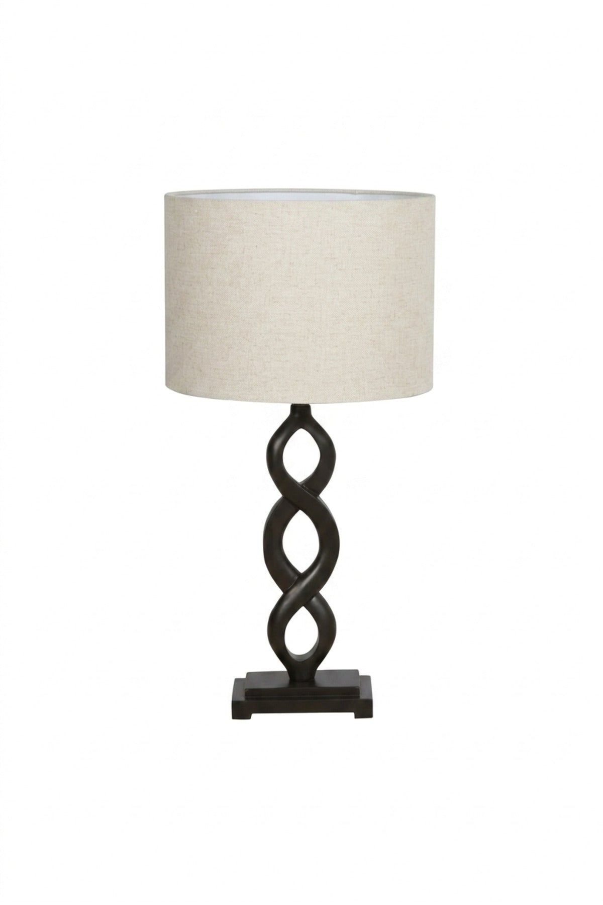 Modern Black Infinity Table Lamp with Beige Drum Fabric Shade and Sculptural Twisted Base for Bedroom, Living Room, Office, Hotel and Bedside Décor