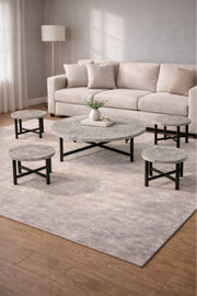 Modern Round Grey Coffee Table Set 1+4 √ê Marble Look Top with Black Frame