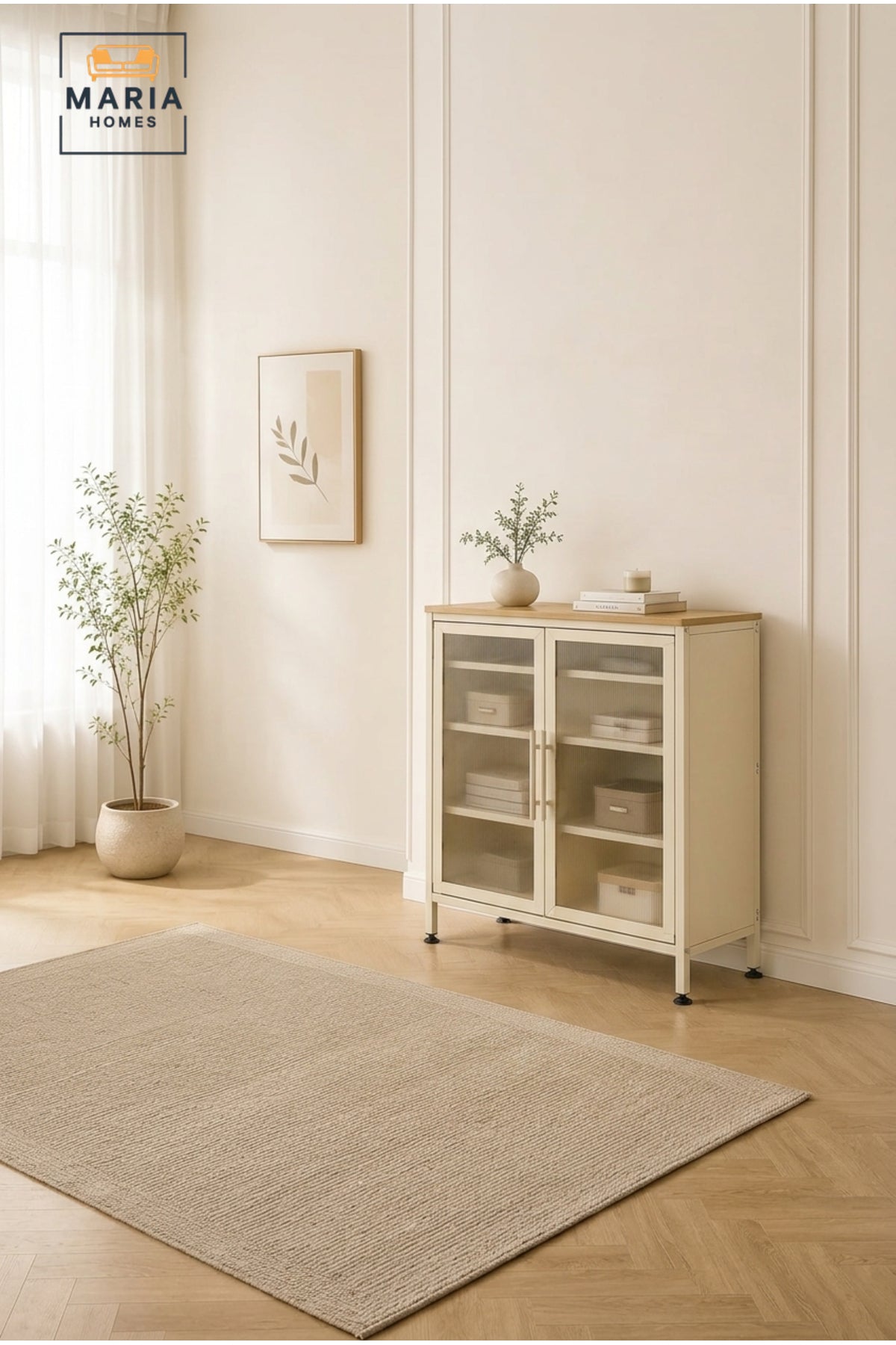 Modern Metal Storage Cabinet with Fluted Glass Doors √ê Compact Display & Organization Cabinet