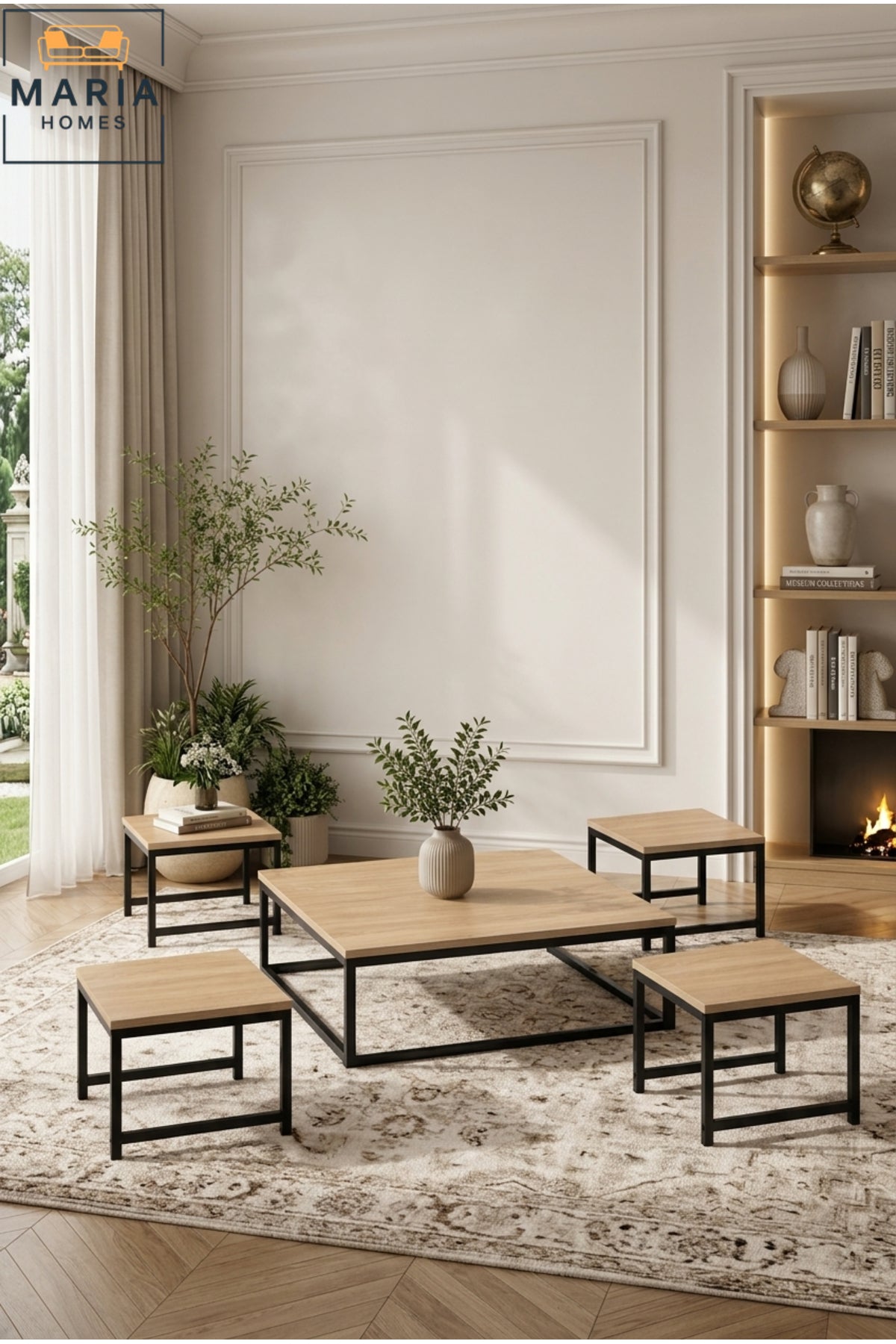 Modern Center Table set – Wooden Top with Metal Base, Living Room Coffee Table