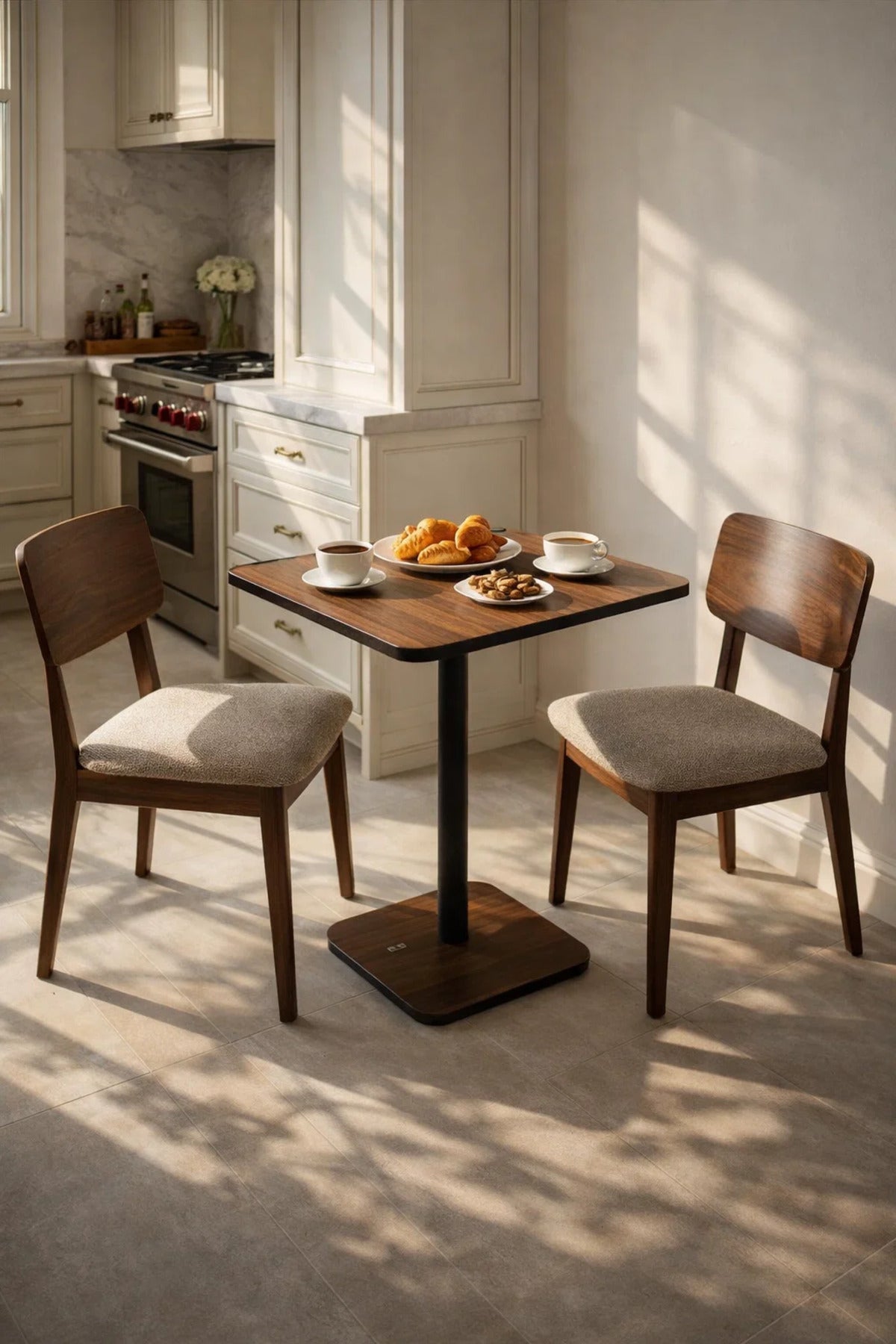 Modern Square Dining Table Brown Melamine Wood Top Sturdy Black Metal Pedestal Base 70x70cm Size