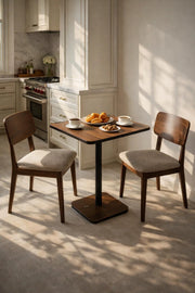 Modern Square Dining Table Brown Melamine Wood Top Sturdy Black Metal Pedestal Base 70x70cm Size
