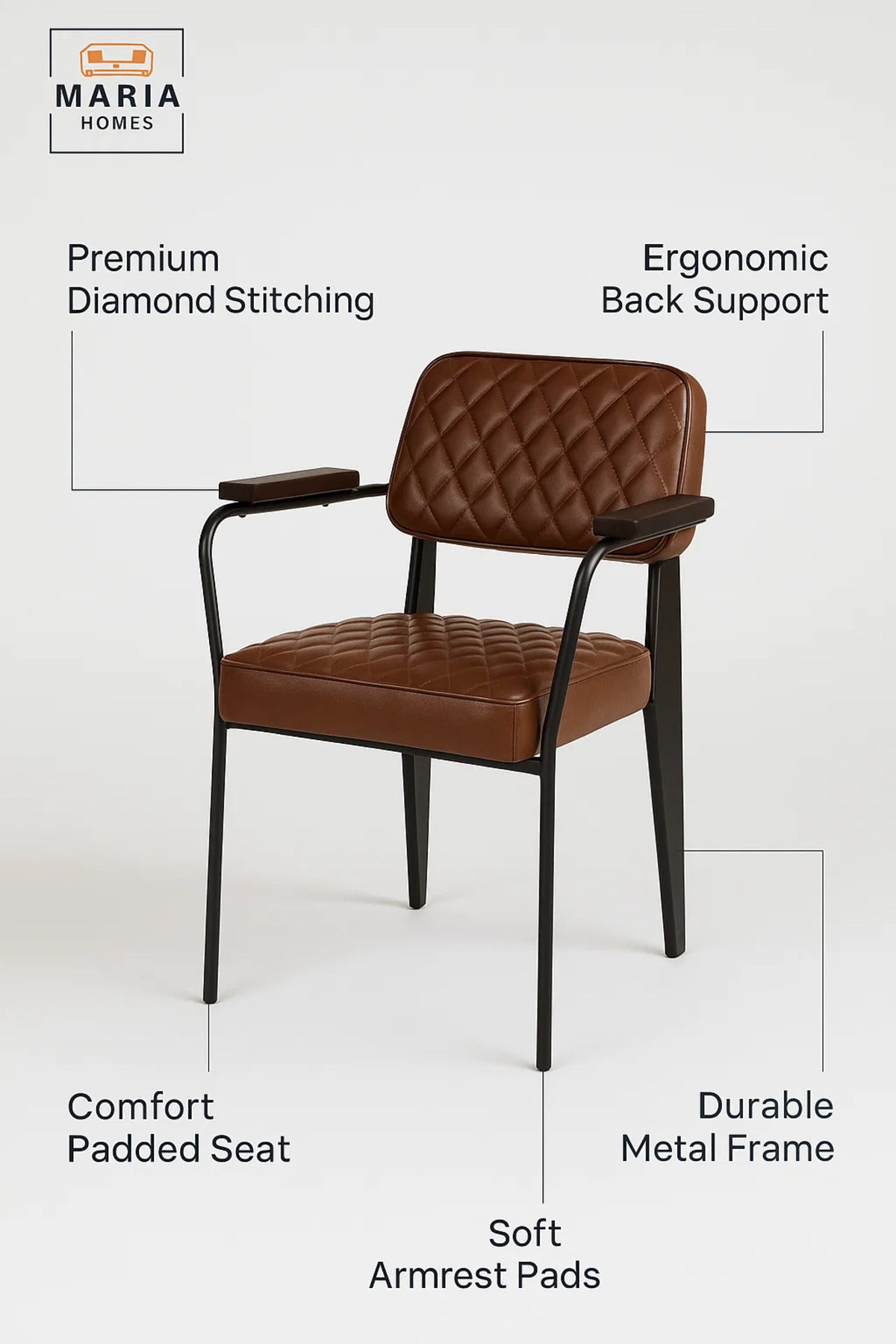 Modern Brown Leather Dining Chair Ð Quilted Accent Chair with Armrests and Black Metal Frame