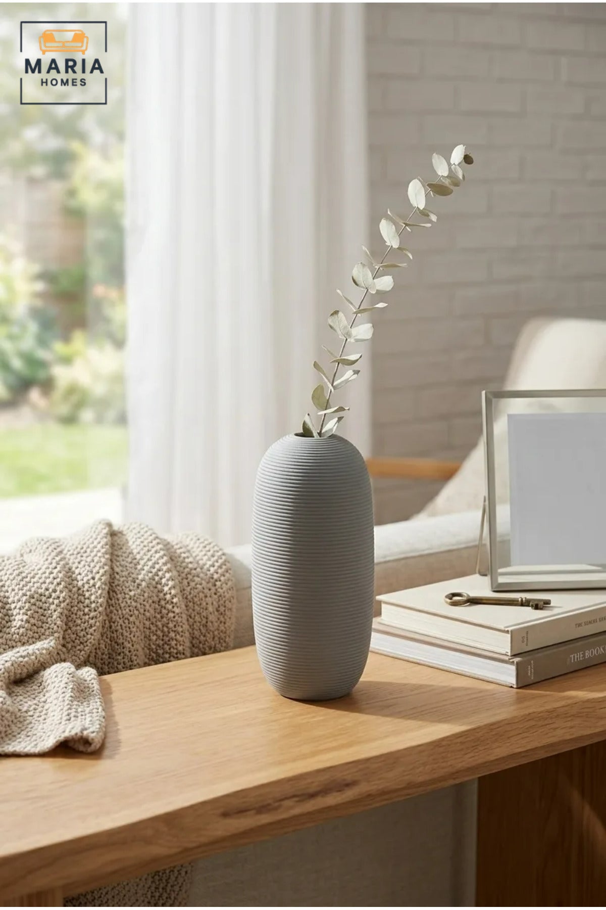 Modern Decorative Flower Vase with Oval Shape, Fine Ribbed Texture and Narrow Opening for Living Room, Bedroom, Office, Shelf and Console Table Décor
