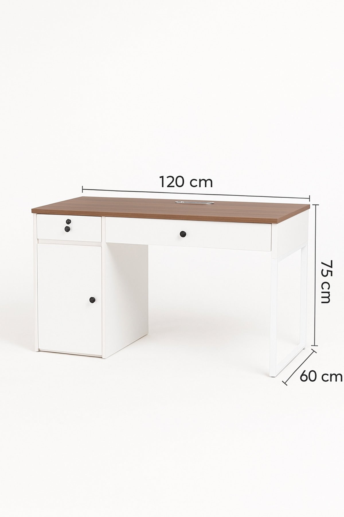 White & Wood Office Desk 120_60x75 cm Ð Modern Work Table with Drawer, Cabinet & White Legs