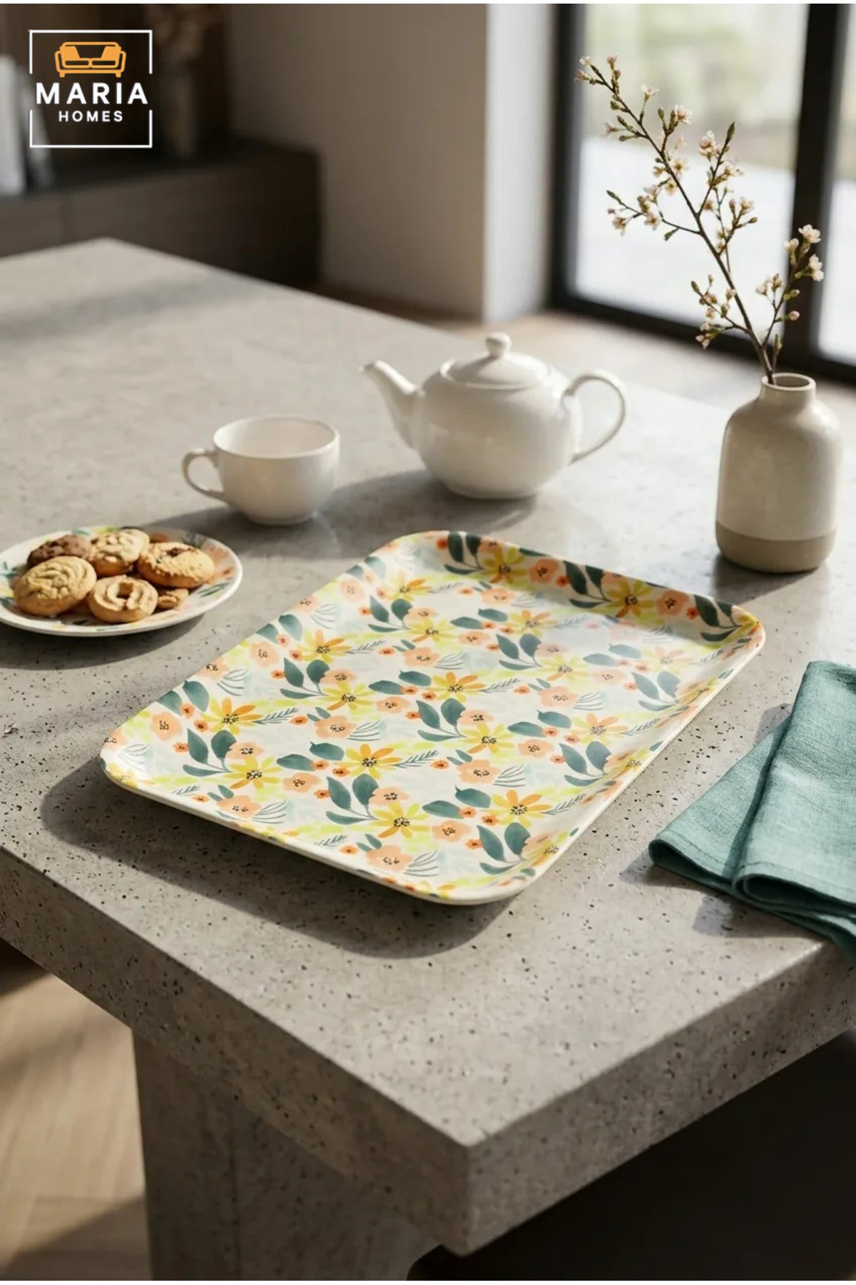 Rectangular Serving Tray with Floral Pattern, Raised Edges and Rounded Corners, Multipurpose Food Tray for Kitchen, Dining, Café and Restaurant