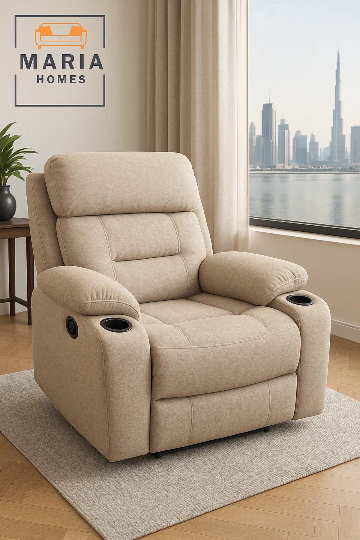 Beige Recliner Armchair with Cup Holders Ð Soft Fabric Reclining Chair for Living Room Relaxation