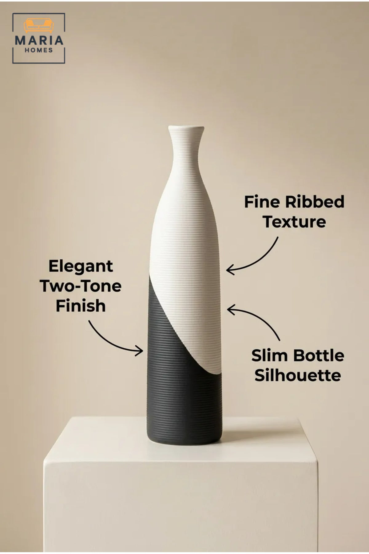Modern Tall Decorative Flower Vase with Two-Tone Abstract Design, Slim Bottle Shape and Ribbed Texture for Living Room, Bedroom, Office and Console Décor