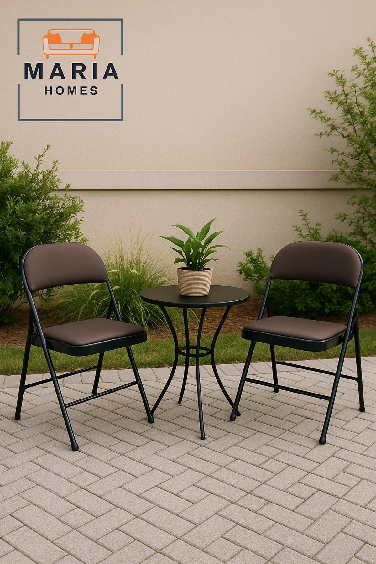 Durable Black Folding Chair with Brown Cushion for Home & Events