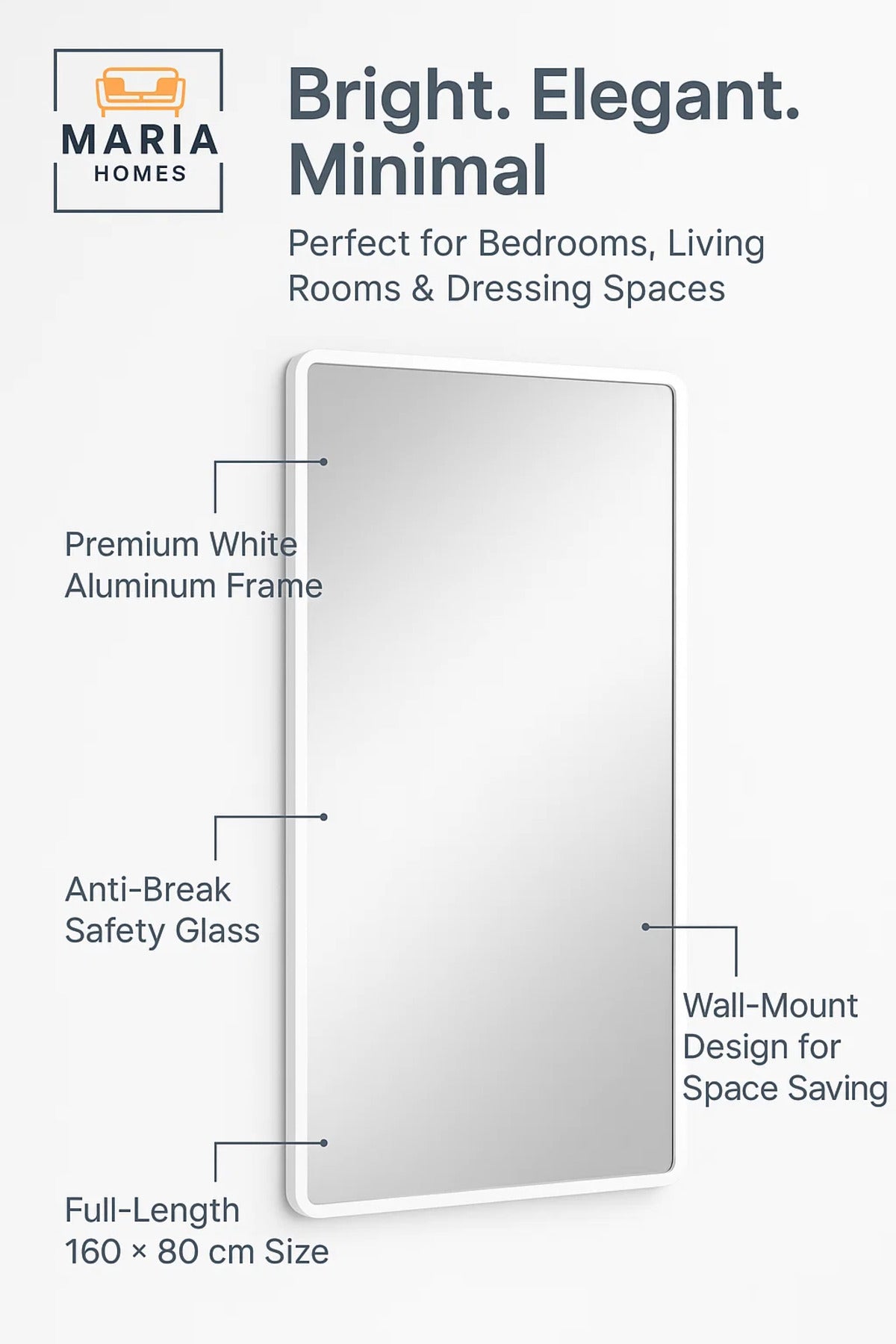 White Wall Mirror for Bedroom, Bathroom, Living Room, Dressing & Home D≈Ωcor 80x160 cm