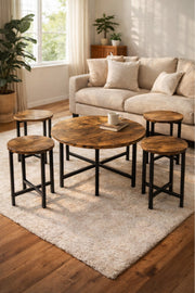 Industrial Round Coffee Table Set 1+4 Rustic Wood Finish Black Metal Legs Living Room Furniture Pack