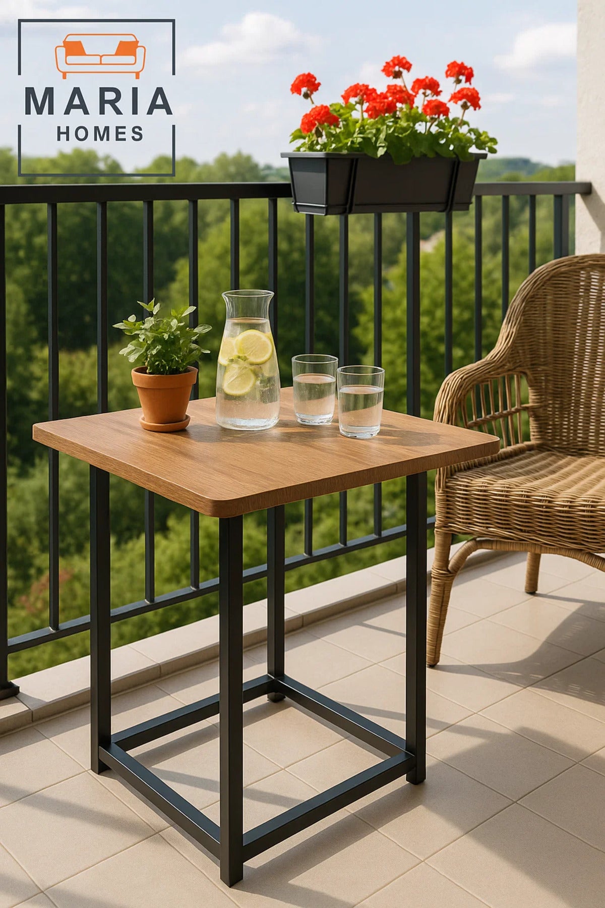 Square Wood Top Side Table with Black Metal Frame