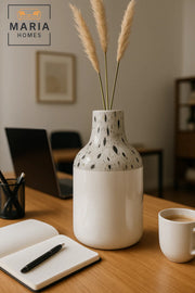 White Ceramic Vase with Terrazzo Speckled Neck – Modern Glossy Decorative Flower Pot