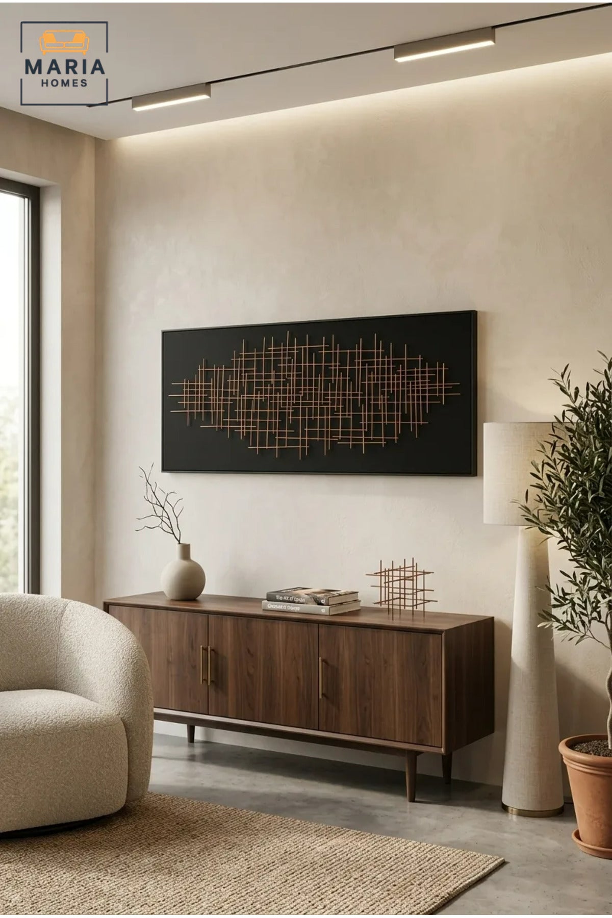 Modern Abstract Wall Art with Slim Black Frame, Gold Linear Geometric Design on Black Canvas for Living Room, Bedroom, Hallway and Office Décor