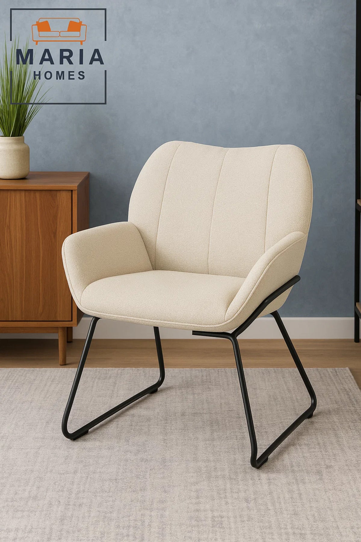 Cream Upholstered Lounge Chair Ð Wide Fabric Armchair with Sled Metal Legs for Home or Office Use