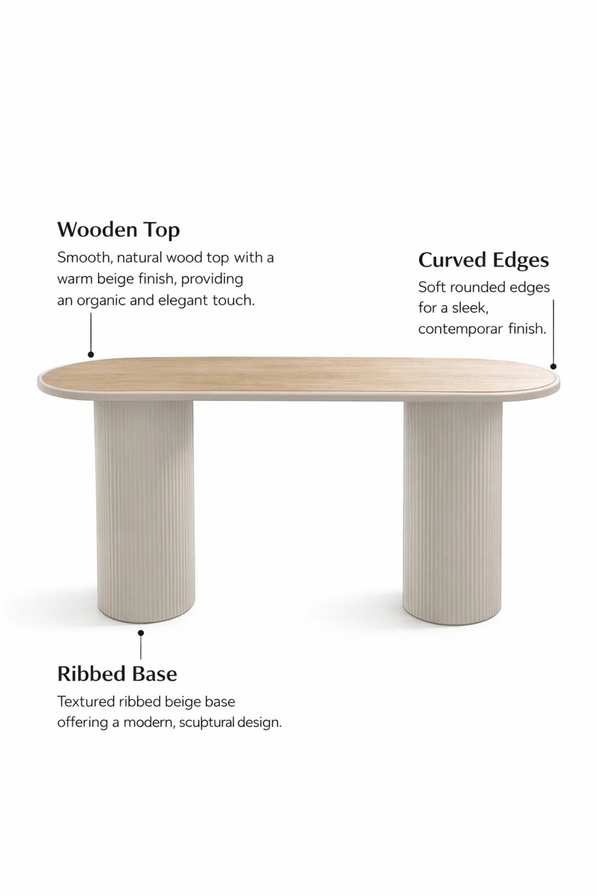 Modern Oval Console Table Beige Ribbed Pillar Legs Natural Wood Top Entryway Living Room 120cm