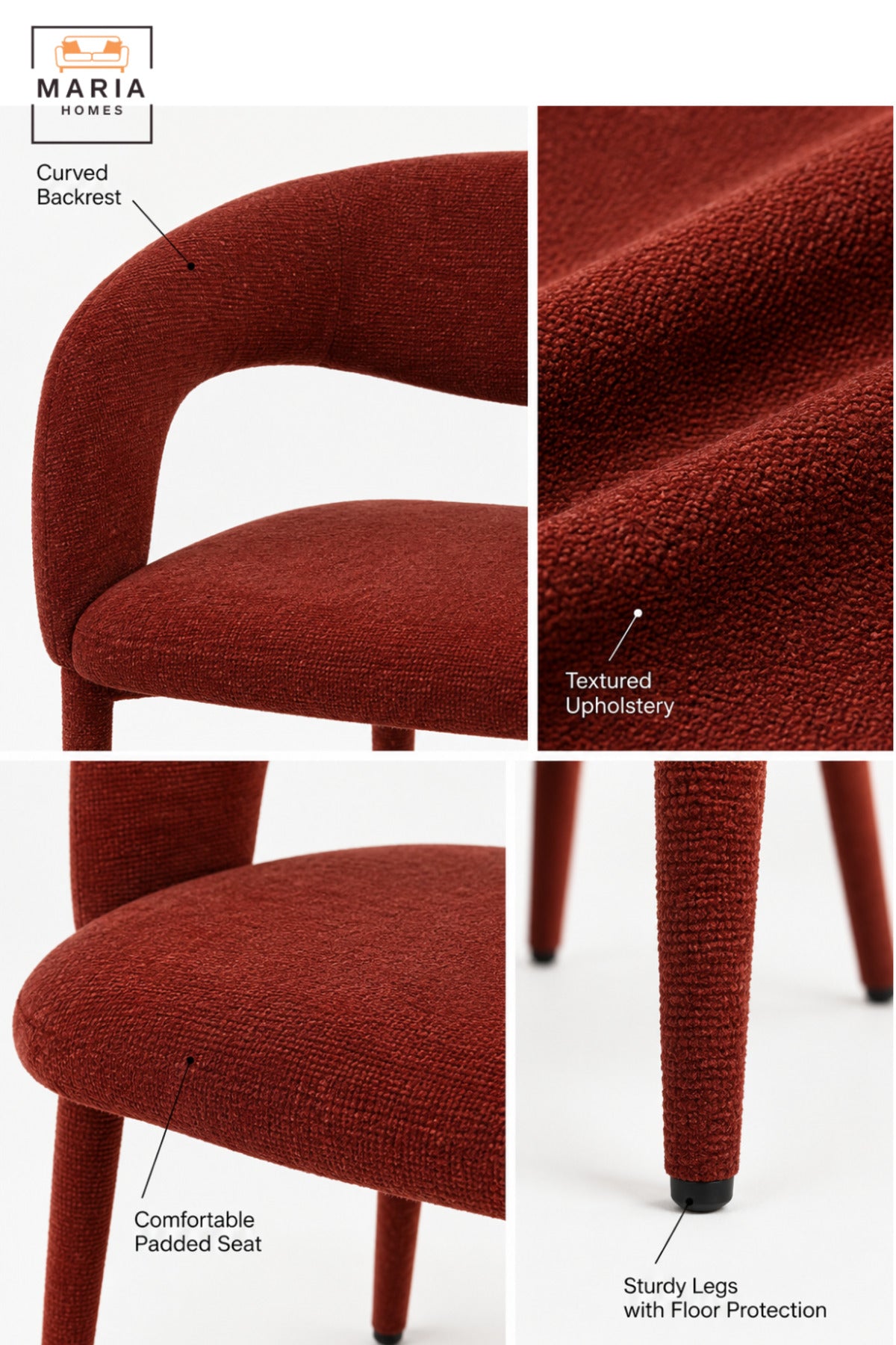 Modern Rust Orange Upholstered Dining Chair with Curved Open Backrest, Padded Seat and Contemporary Design for Dining Room, Kitchen, Café & Restaurant