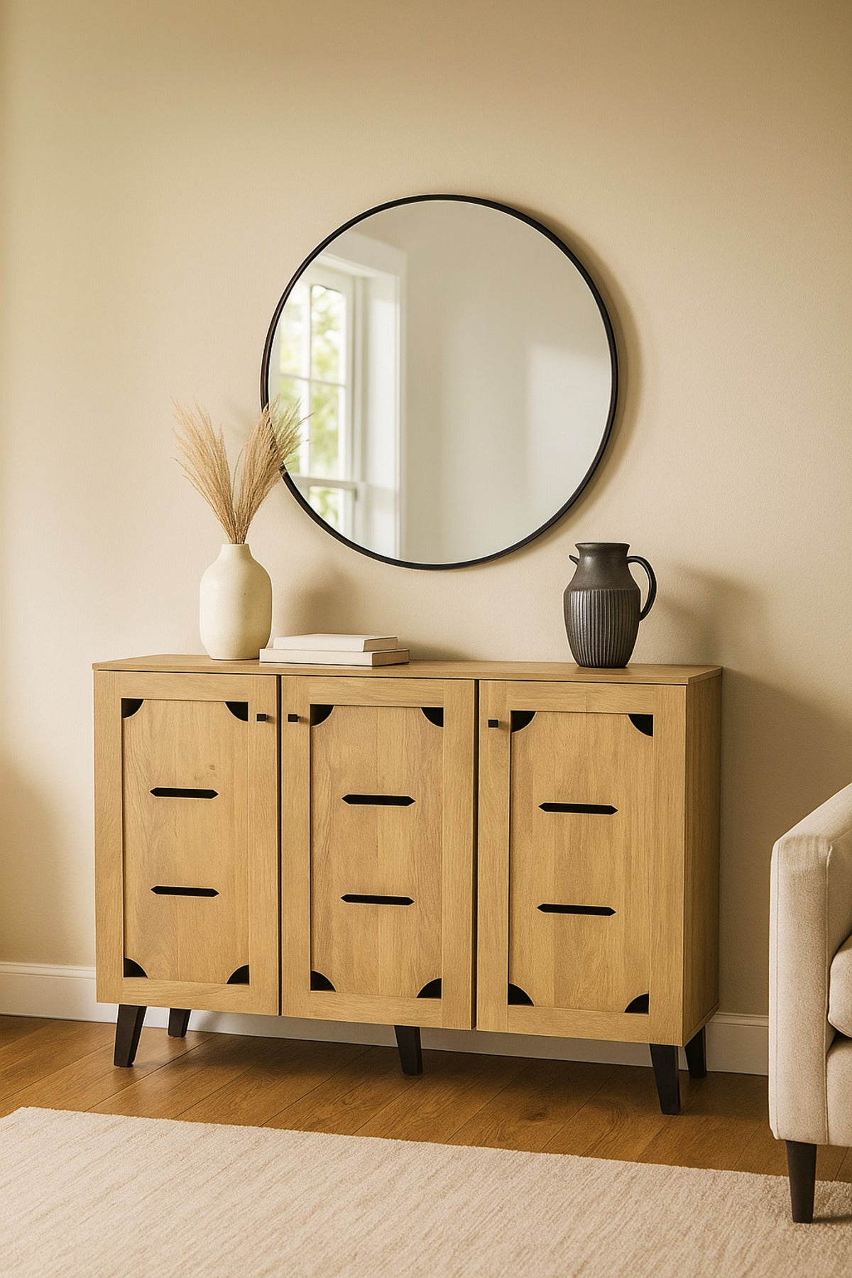 Light Brown Wooden Sideboard Cabinet Ð 3-Door Storage Unit with Modern Cutout Design 120_32_94 cm