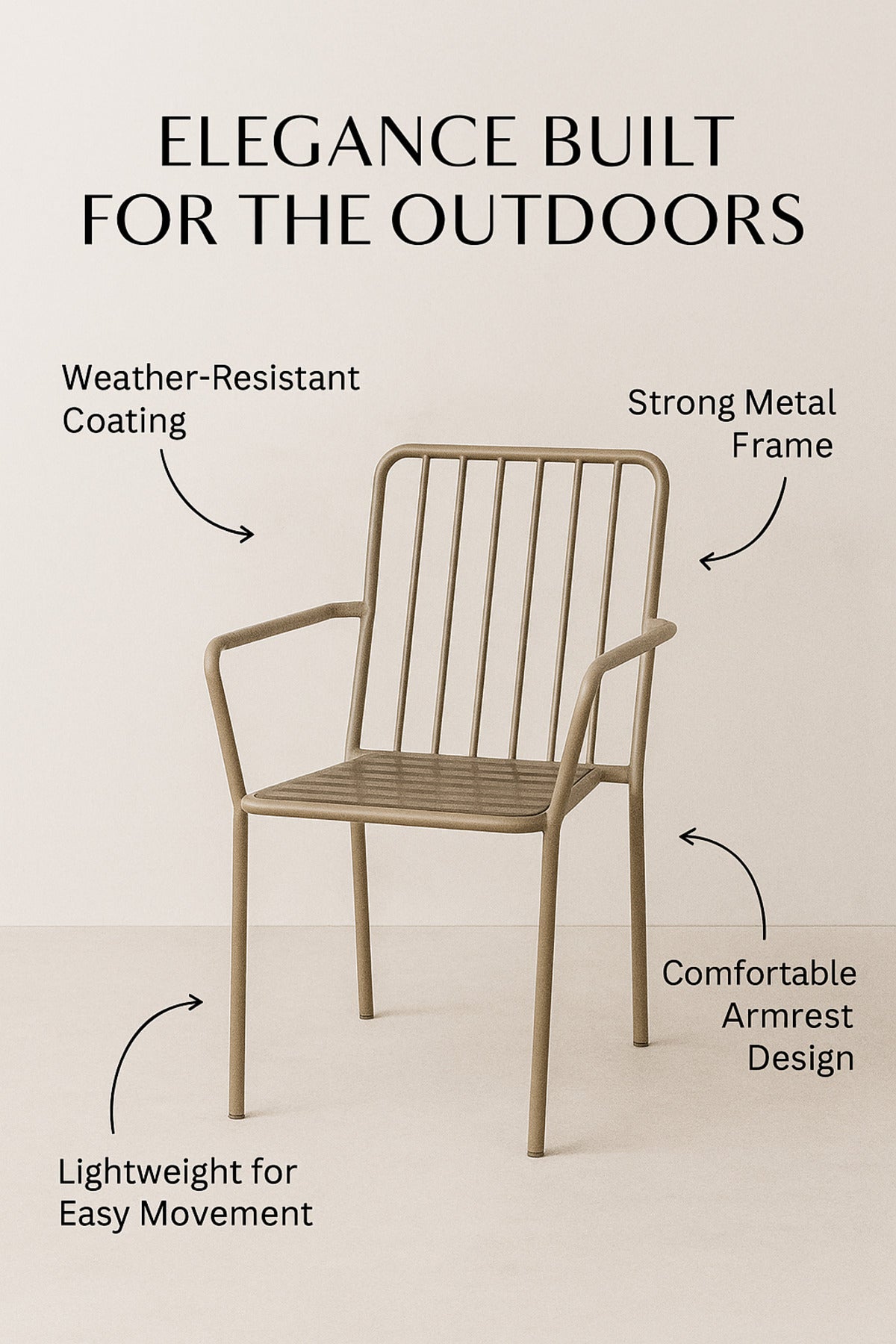 Champagne Gray Metal Chair Ð Modern Outdoor & Indoor Armchair for Garden, Balcony & CafŽ Use