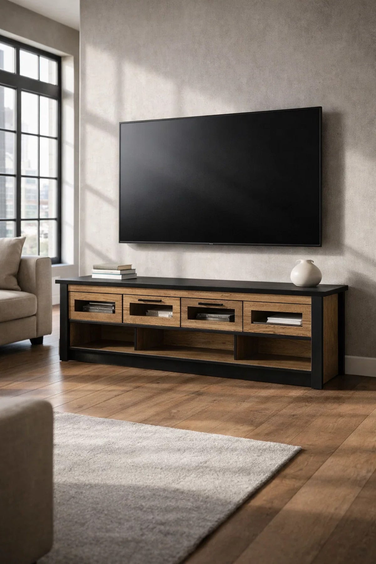 Walnut Oak TV Stand √ê 180x40x50 cm Modern Wooden Plasma Table with Drawers & Shelves