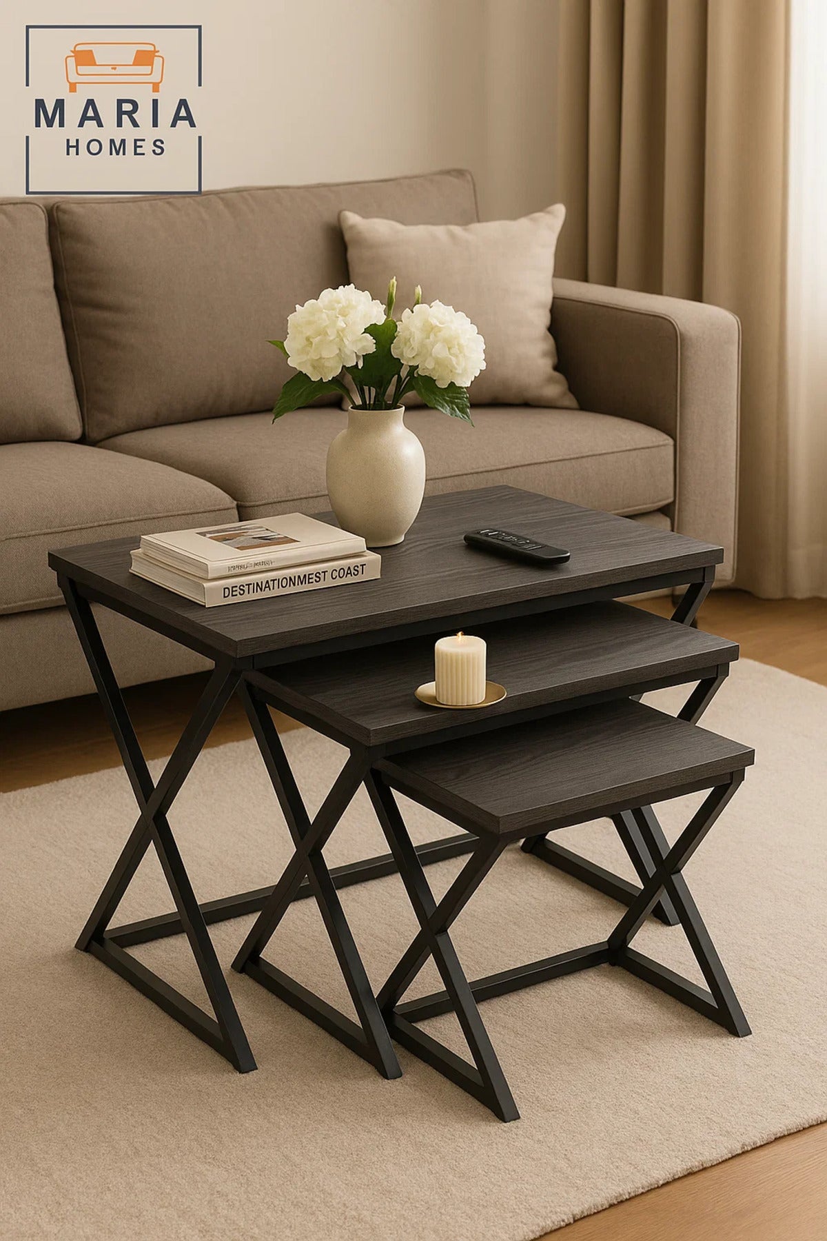3-Piece Nesting Table Set with Dark Wood Tops and X-Style Bases