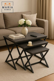 3-Piece Nesting Table Set with Dark Wood Tops and X-Style Bases