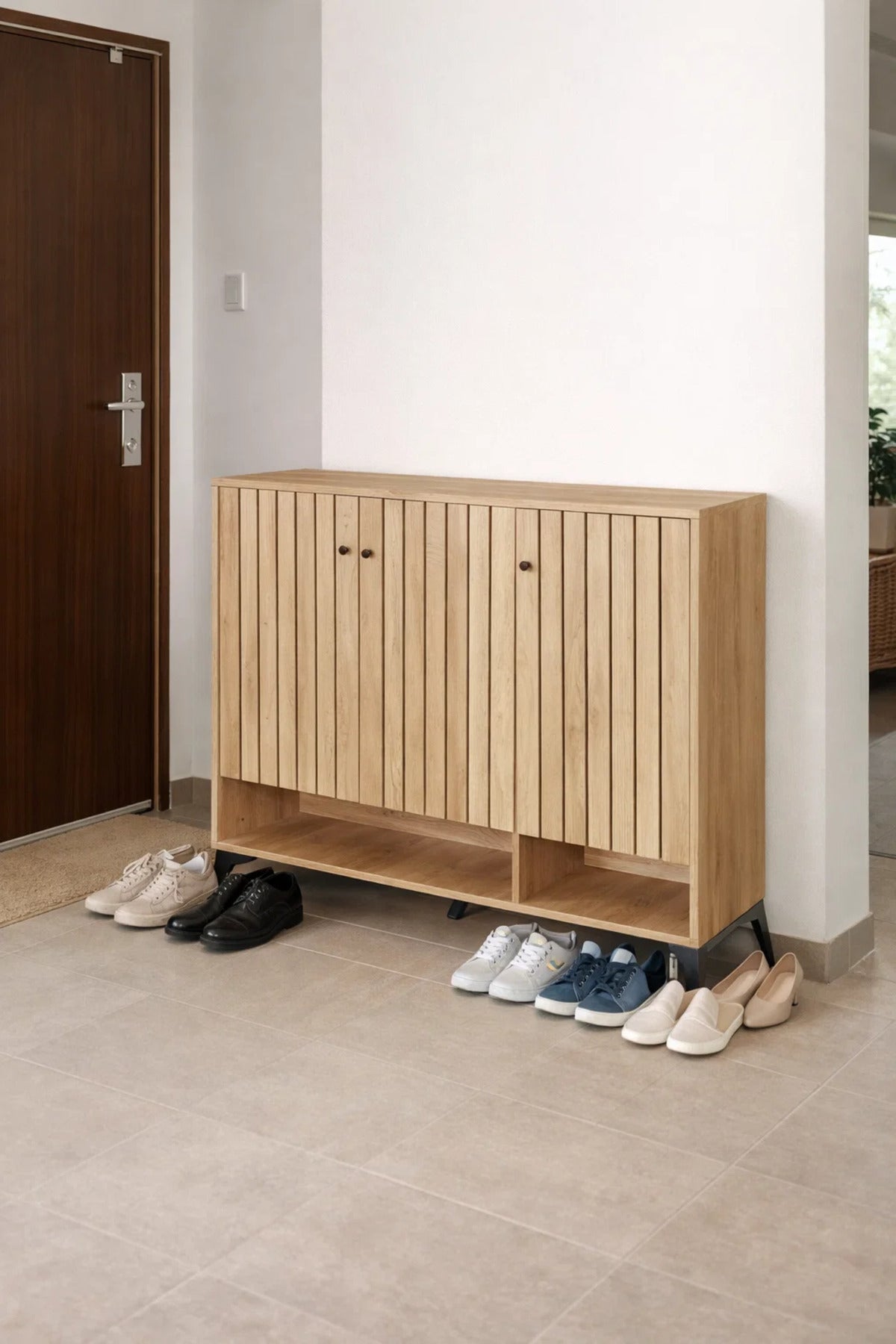 Stylish Wooden Shoe Cabinet Entryway Organizer with Slatted Doors and Metal Legs for Home Decor
