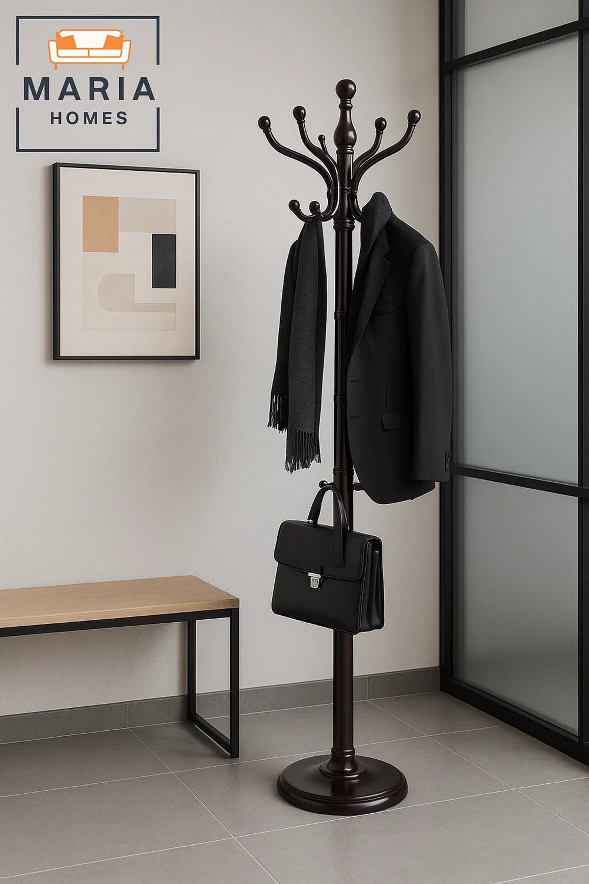 Modern Black Metal Coat Rack with Multi-Level Hooks and Stable Base