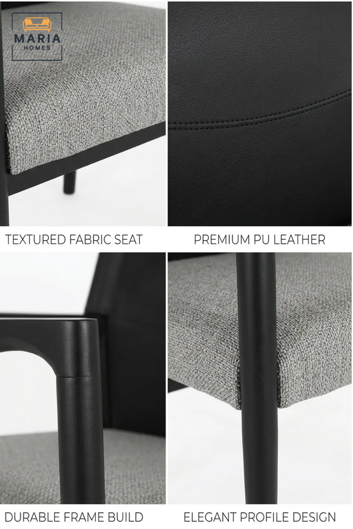 Modern Black Dining Chair with Armrests, PU Leather Backrest and Grey Upholstered Seat for Dining Room, Kitchen, Restaurant and Office