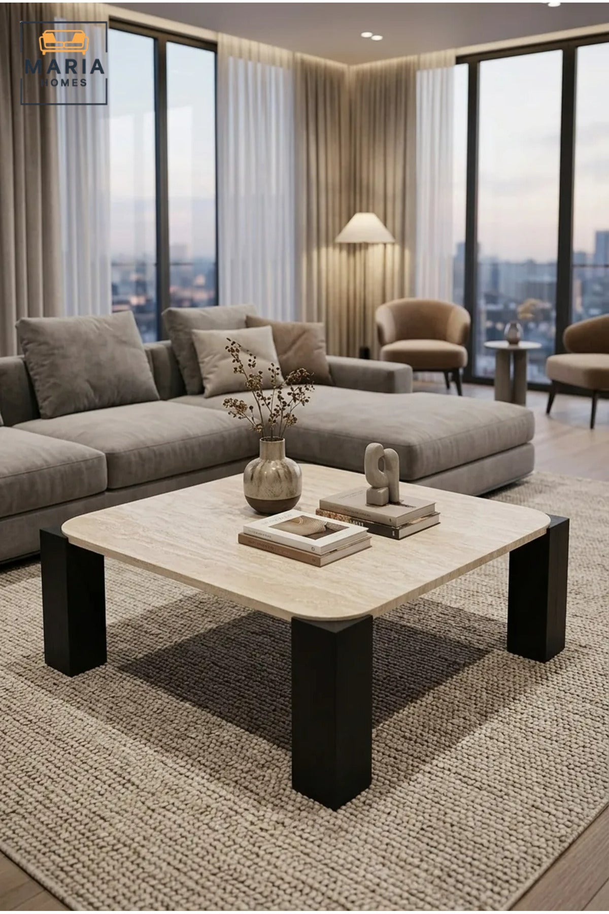 Modern Square Coffee Table with Wood-Effect Top and Chunky Four-Leg Base, Contemporary Center Table for Living Room, Lounge, Apartment and Office