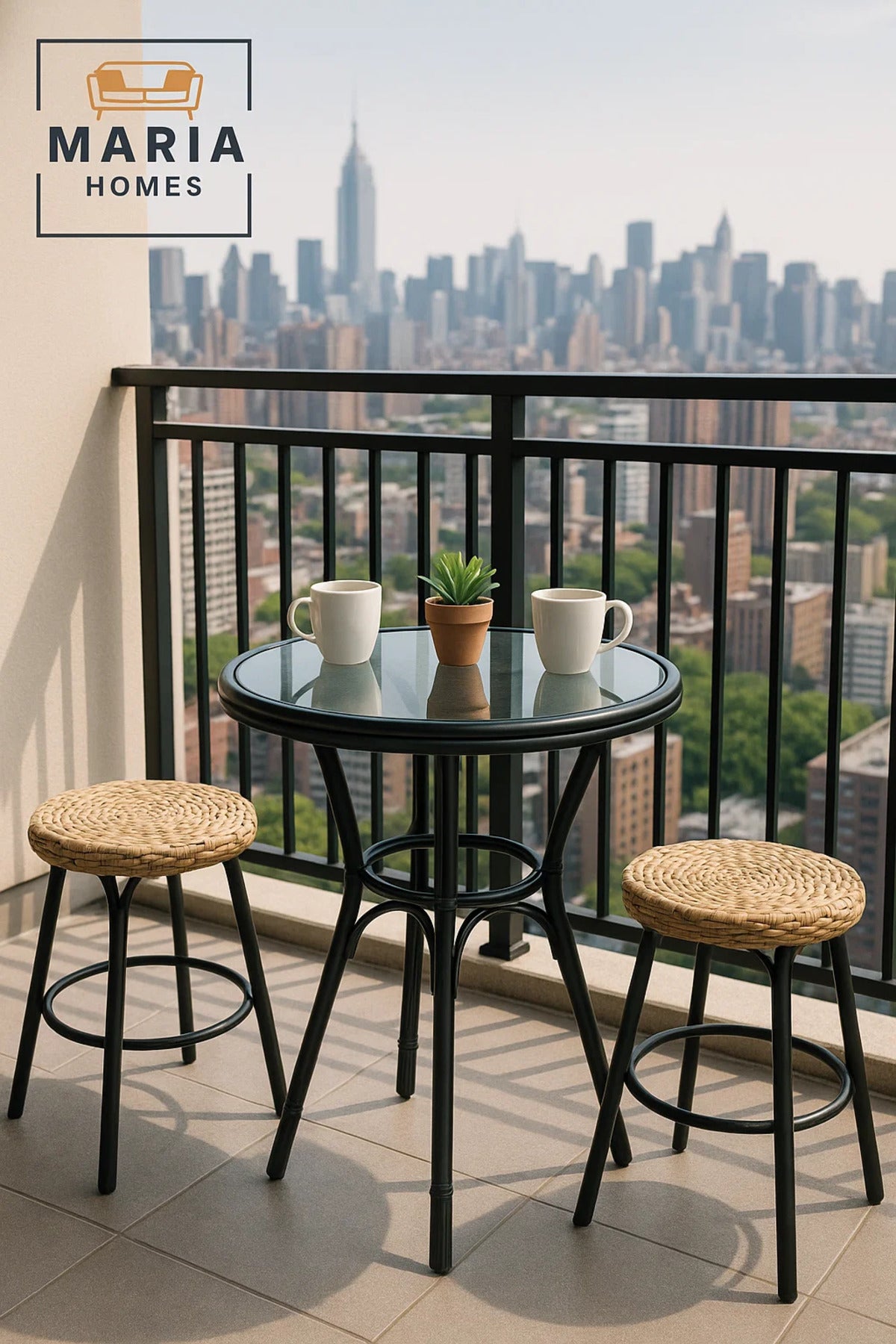 Round Black Rattan Bistro Table with Tempered Glass Top