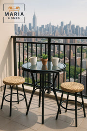 Round Black Rattan Bistro Table with Tempered Glass Top
