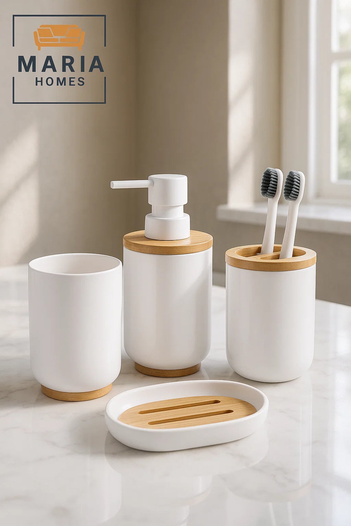 Modern White & Bamboo Bathroom Set Ð 4-Piece Soap Dispenser, Tumbler & Organizer